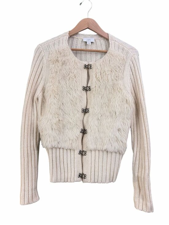 LOFT Sweaters - LOFT Cream Wool Blend Knit Cardigan Faux-Fur Front Decorative Hooks Sz XL
